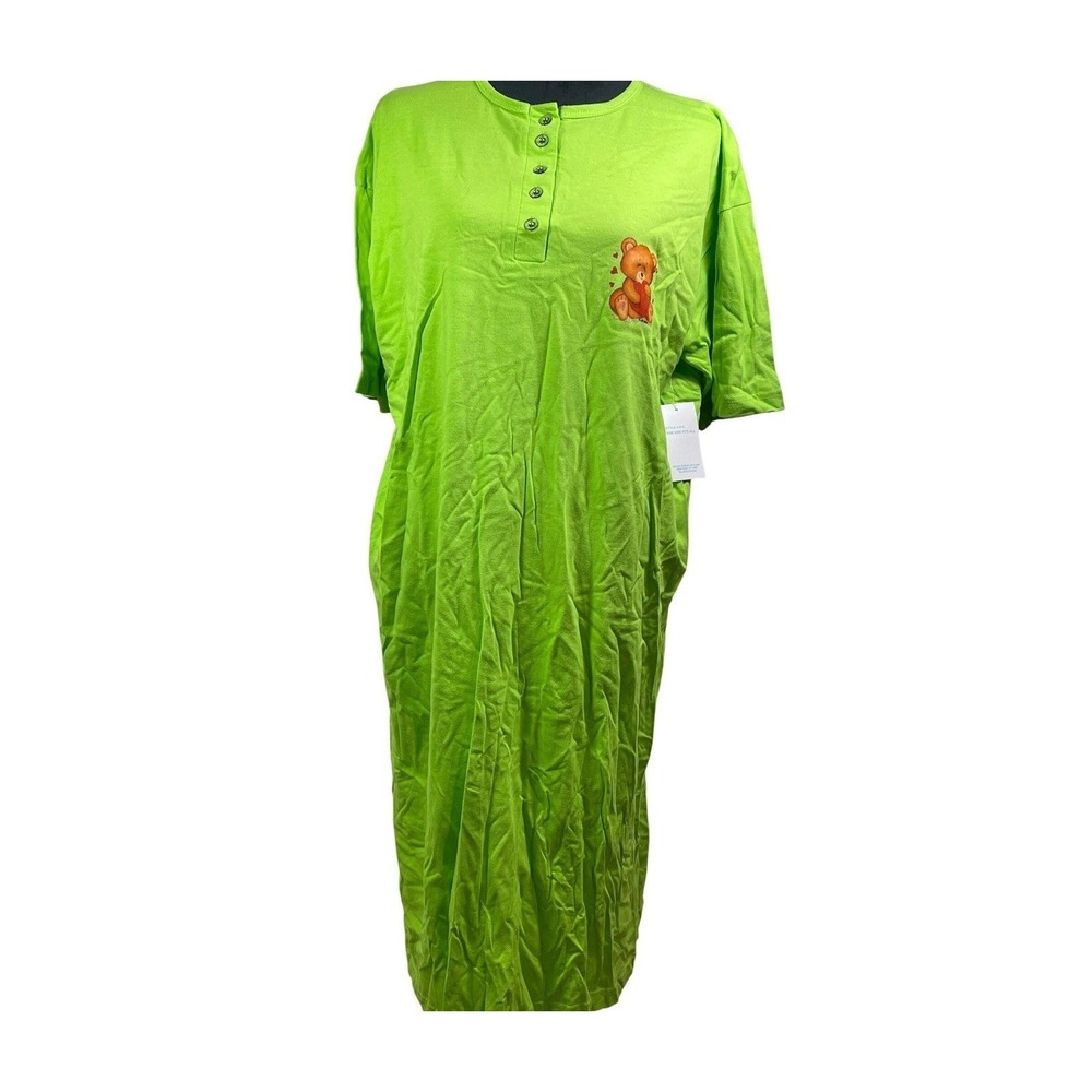 VTG Cool Clothing Lime Green Teddy Bear Heart Henley Nightgown Sleepwear
